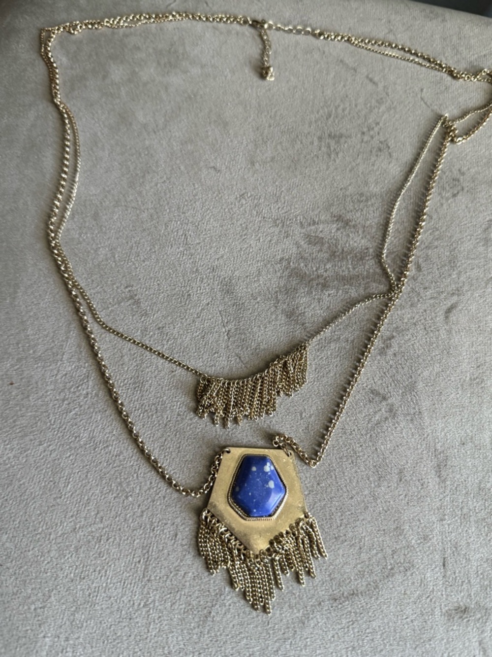 Gold-Tone Layered Necklace with Blue Stone Pendant - Women Jewelry